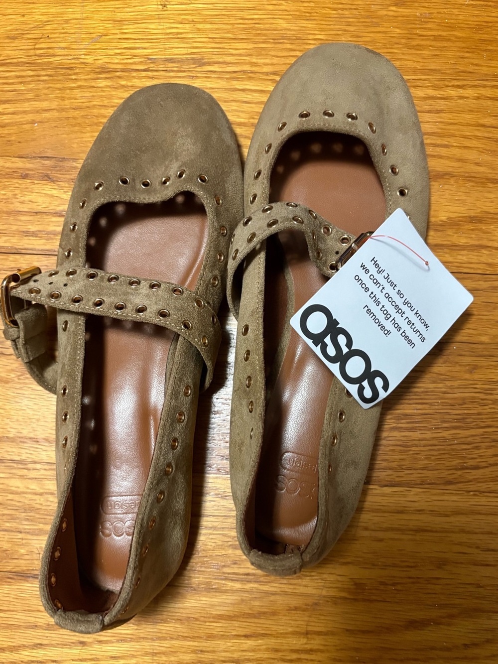 ASOS DESIGN Larson eyelet mary jane ballets in taupe suedette